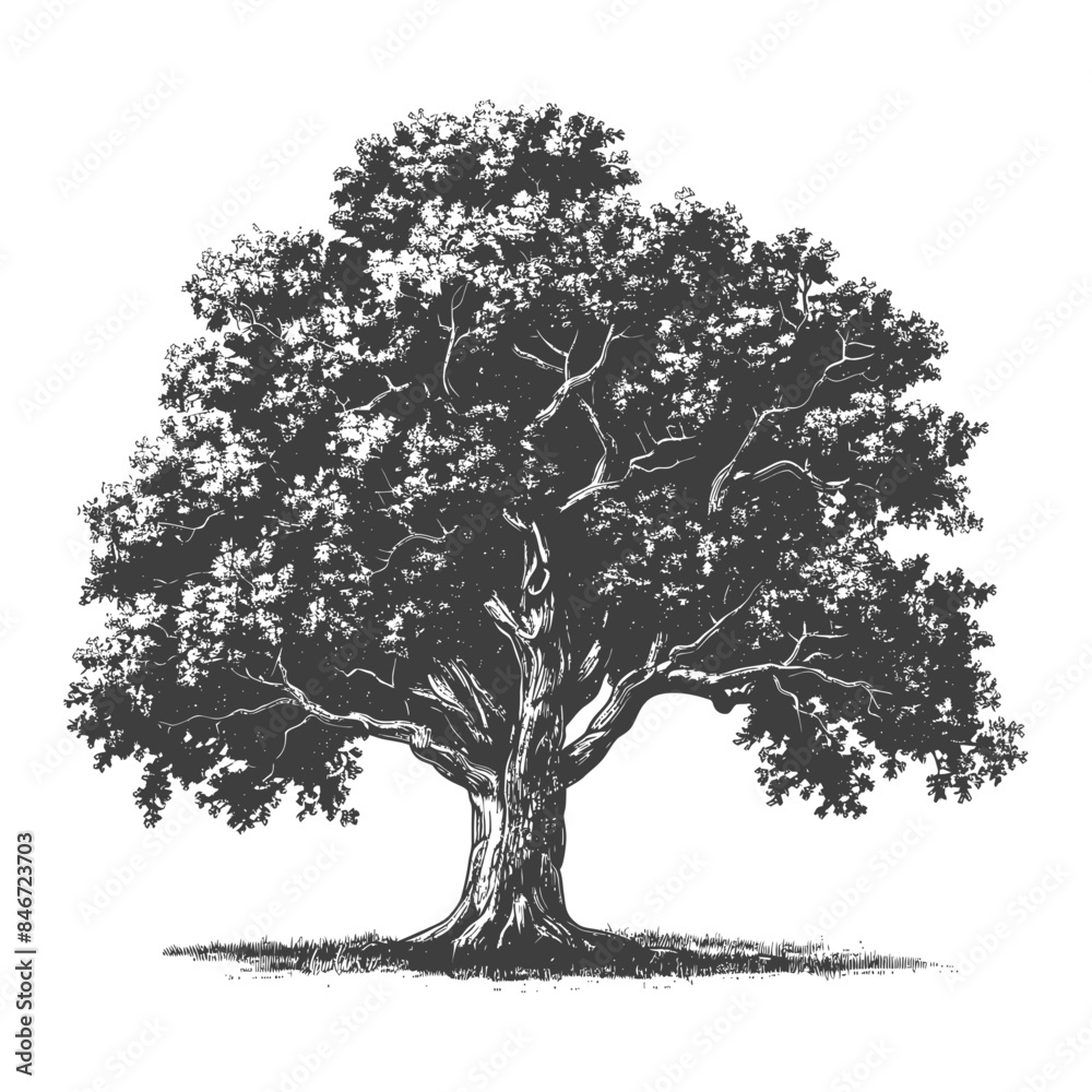 Fototapeta premium Detailed Etching of a Majestic Oak Tree with Shaded Foliage, Isolated on White.