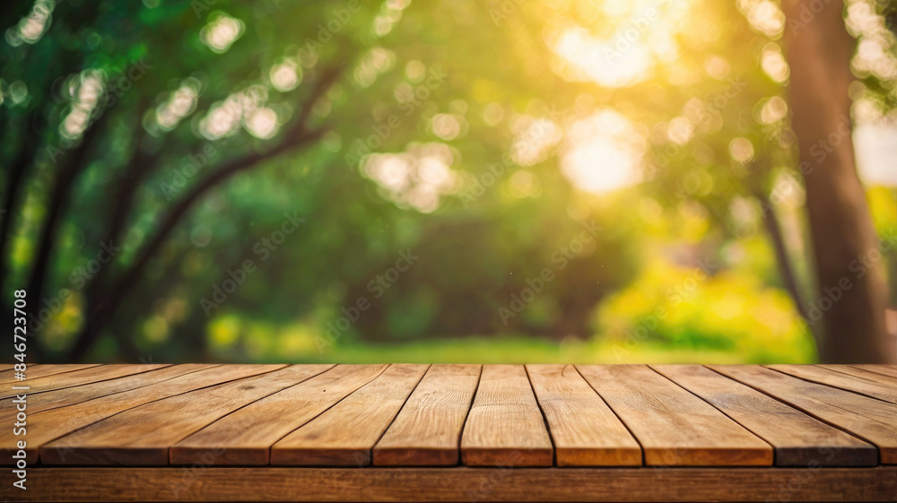 A product display template with copy space featuring an empty wooden table top surrounded by a beautiful blur of abstract light bokeh and sunlit garden trees A product display template with copy space featuring an empty wooden table top surrounded by a beautiful blur of abstract light bokeh and sunlit garden trees