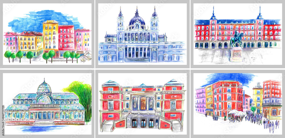 Hand drawn colorful Madrid city landmarks sketch. Bright architecture drawing. Crystal palace, Almudena cathedral, Prado museum, plaza mayor Hand drawn colorful Madrid city landmarks sketch. Bright architecture drawing. Crystal palace, Almudena cathedral, Prado museum, plaza mayor