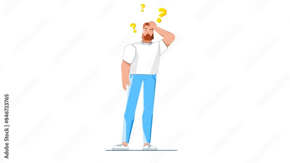 2D Illustrated Man Hesitates With Question Marks Above His Head, Seemingly Hesitant or Unsure About Something. 2D Illustrated Man Hesitates With Question Marks Above His Head, Seemingly Hesitant or Unsure About Something.