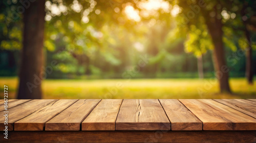 A product display template with copy space featuring an empty wooden table top surrounded by a beautiful blur of abstract light bokeh and sunlit garden trees