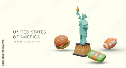 3D Statue of Liberty, floating hamburgers, rugby ball, stack of dollars