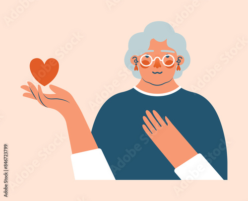 Old woman with gray hair holding red heart in hands. Vector illustration of grandmother character. Happy retirement. Day of Older Persons. Grandparents Day. Care, support for pensioners.