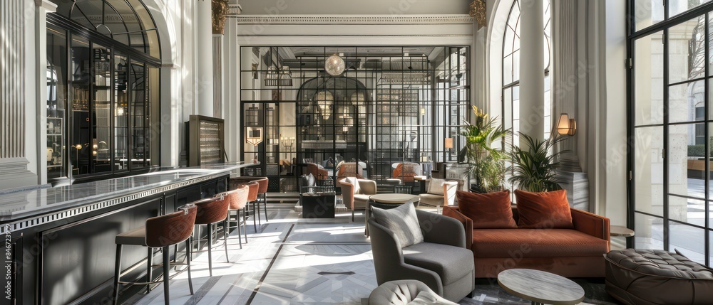 Neoclassical charm meets modern sophistication in this hotel lobby featuring glass and metal elements Neoclassical charm meets modern sophistication in this hotel lobby featuring glass and metal elements