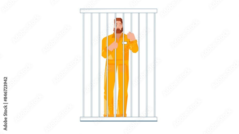 2D Animation of a Male Prisoner Stands Behind Bars in a Cell. The Man ...