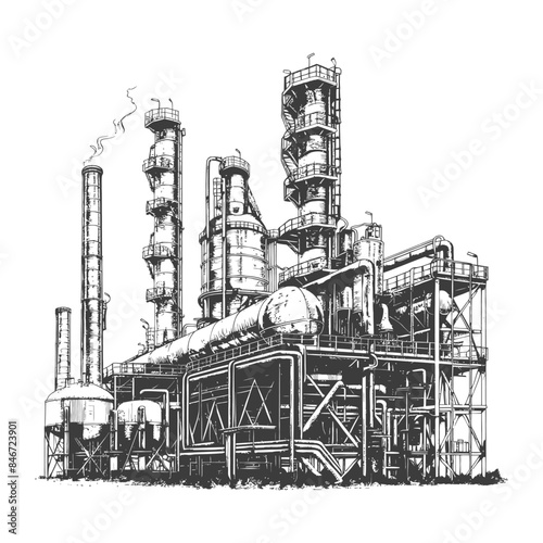 Refinery Complex: Industrial Sketch, Pollution Illustration.