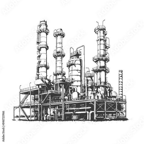 Monochrome pen sketch of an industrial chemical plant refinery with intricate pipework and tall towers.