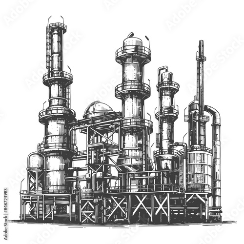 Detailed Ink Sketch: Industrial Oil Refinery Complex, Towers and Piping.