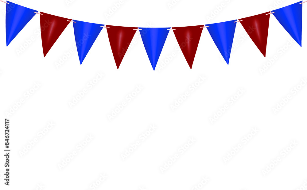 A string of bunting in red and blue isolated on a white background with copyspace