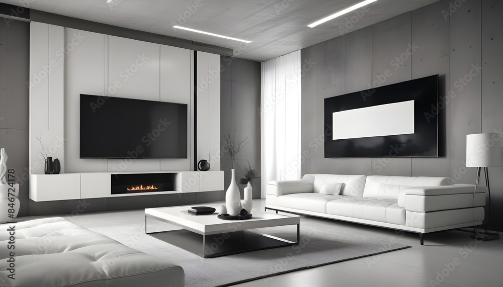 High end modern living room with white leather couch and a large flat screen tv mounted on the wall, brutalist architecture mixed with modern futuristic minimal design High end modern living room with white leather couch and a large flat screen tv mounted on the wall, brutalist architecture mixed with modern futuristic minimal design