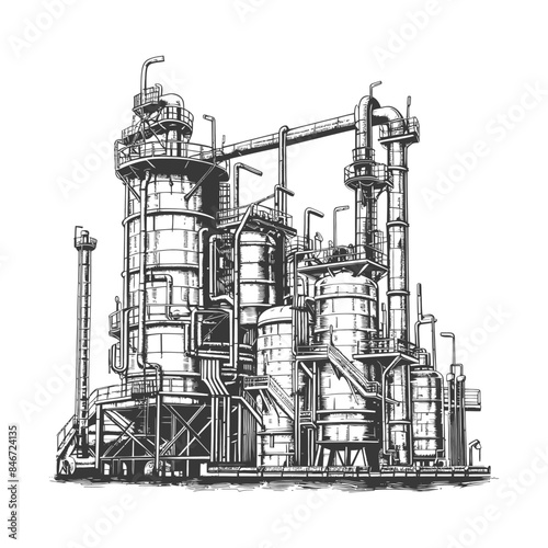 Monochrome Refinery: Detailed Technical Illustration of Complex Industrial Plant.