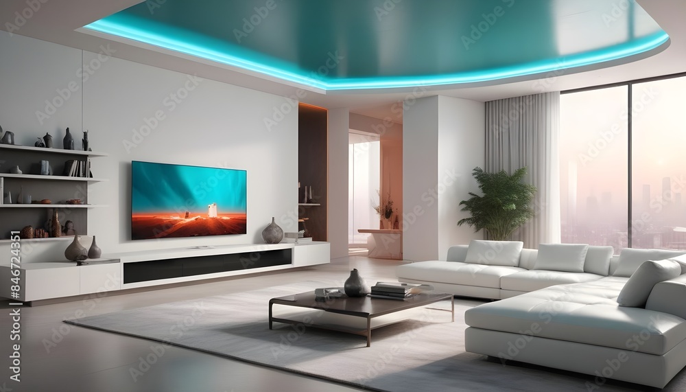 High end modern living room with white leather couch and a large flat screen tv mounted on the wall, brutalist architecture mixed with modern futuristic minimal design High end modern living room with white leather couch and a large flat screen tv mounted on the wall, brutalist architecture mixed with modern futuristic minimal design