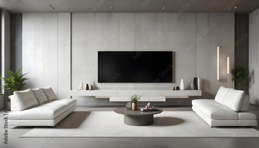 Obraz premium High end modern living room with white leather couch and a large flat screen tv mounted on the wall, brutalist architecture mixed with modern futuristic minimal design