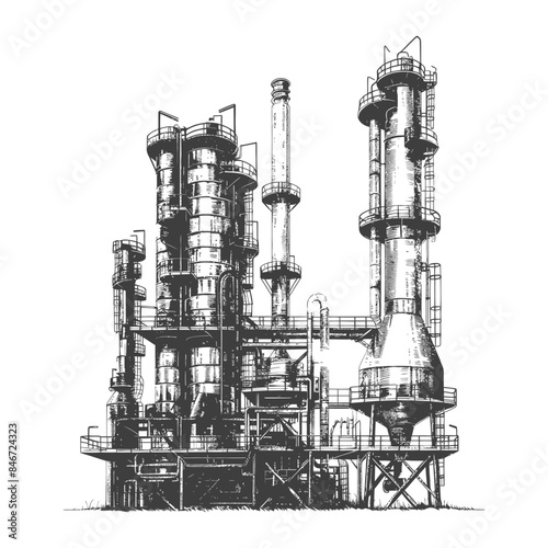 Detailed Refinery Illustration: Industrial Complex in Monochrome Ink Drawing
