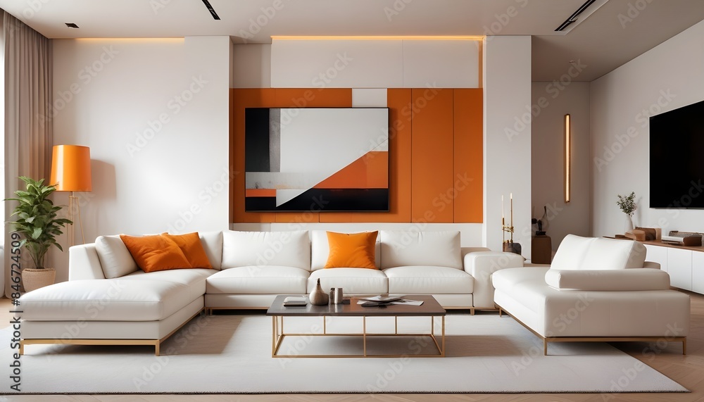 Fototapeta premium High end modern living room with white leather couch and a large flat screen tv mounted on the wall, brutalist architecture mixed with modern futuristic minimal design