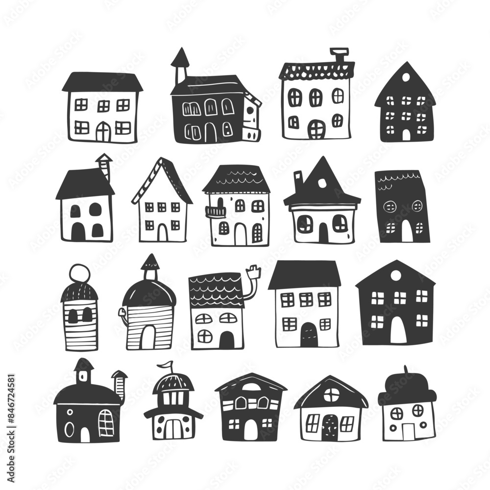 Fototapeta premium Whimsical Doodle Houses: Hand-Drawn Black and White Townscape Collection