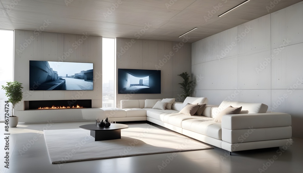 High end modern living room with white leather couch and a large flat screen tv mounted on the wall, brutalist architecture mixed with modern futuristic minimal design High end modern living room with white leather couch and a large flat screen tv mounted on the wall, brutalist architecture mixed with modern futuristic minimal design