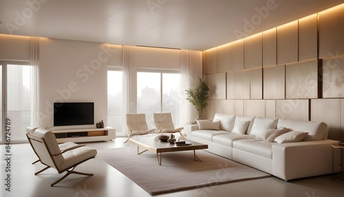 High end modern living room with white leather couch and a large flat screen tv mounted on the wall, brutalist architecture mixed with modern futuristic minimal design