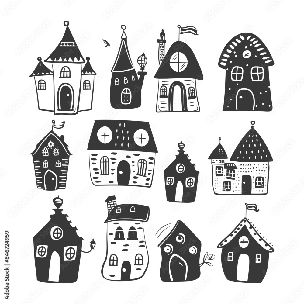 Fototapeta premium Whimsical Hand-Drawn Cartoon House Set, Isolated Black and White Architecture.