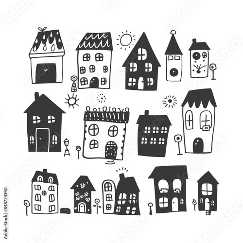 Whimsical Hand-Drawn Houses: Black and White Doodle Village Collection