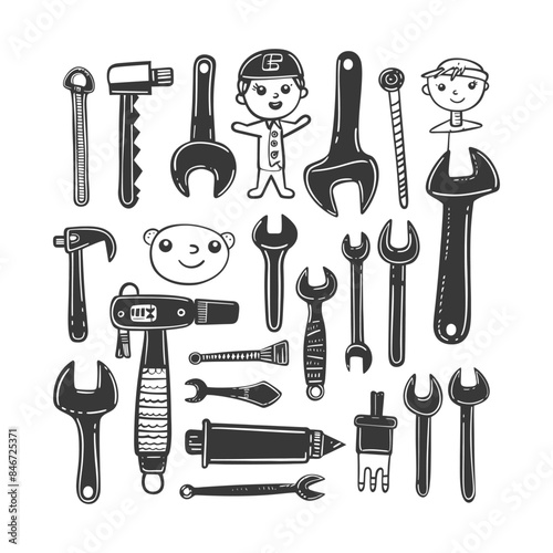 Hand-Drawn Cartoon Tool Collection: Wrenches, Hammer, and Mechanic.