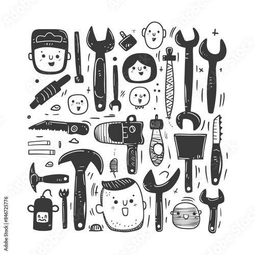 Doodle Tools & Faces: Hand-Drawn Black and White Carpenter's Set, Playful and Quirky Cartoon Style.