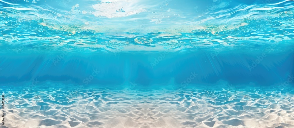 Underwater Blue Ocean Swimming Pool with Wide Panoramic Background Sandy Sea Bottom on White Background Underwater Blue Ocean Swimming Pool with Wide Panoramic Background Sandy Sea Bottom on White Background