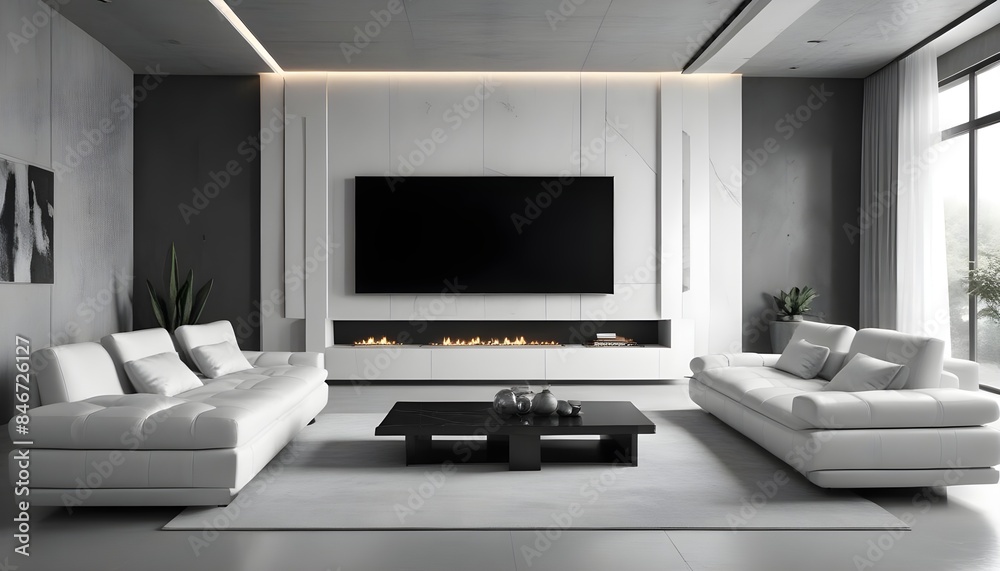 High end modern living room with white leather couch and a large flat screen tv mounted on the wall, brutalist architecture mixed with modern futuristic minimal design High end modern living room with white leather couch and a large flat screen tv mounted on the wall, brutalist architecture mixed with modern futuristic minimal design