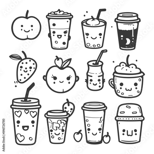Kawaii Food & Drink Outlines: Apple, Strawberry & Cute Boba Tea Sketch Icons.