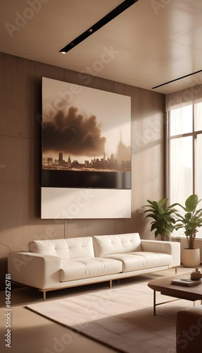 High end modern living room with white leather couch and a large flat screen tv mounted on the wall, brutalist architecture mixed with modern futuristic minimal design