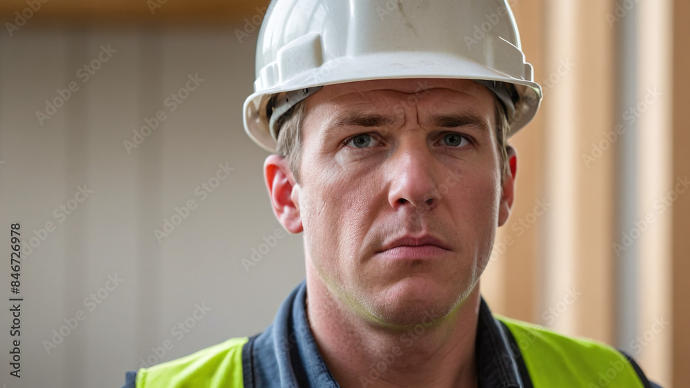 Serious White Male Construction Worker in Hard Hat and Reflective Vest Serious White Male Construction Worker in Hard Hat and Reflective Vest