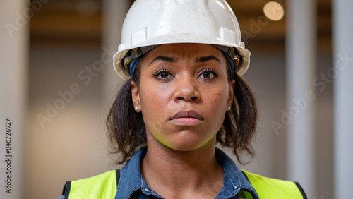 Serious Black Female Construction Worker in Hard Hat and Reflective Vest