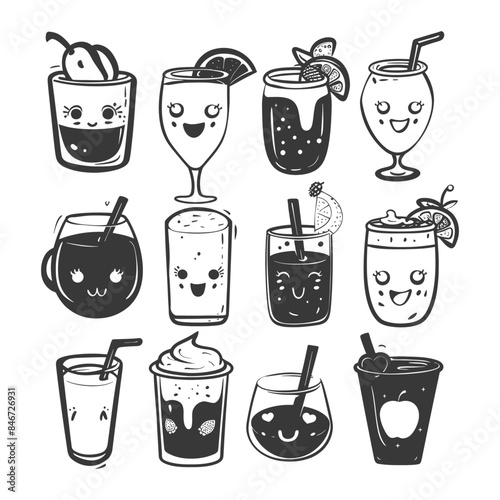 Kawaii Cocktail Icons: Hand-Drawn Drink Collection with Cute Faces