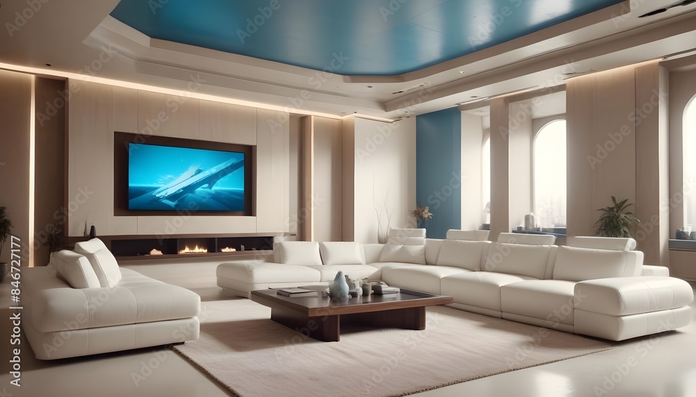 Fototapeta premium High end modern living room with white leather couch and a large flat screen tv mounted on the wall, brutalist architecture mixed with modern futuristic minimal design