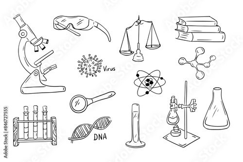 Chemistry contour doodle collection with microscope and test tubes. Monochrome educational outline stickers. Clipart of sketchy outline drawings isolated on white background