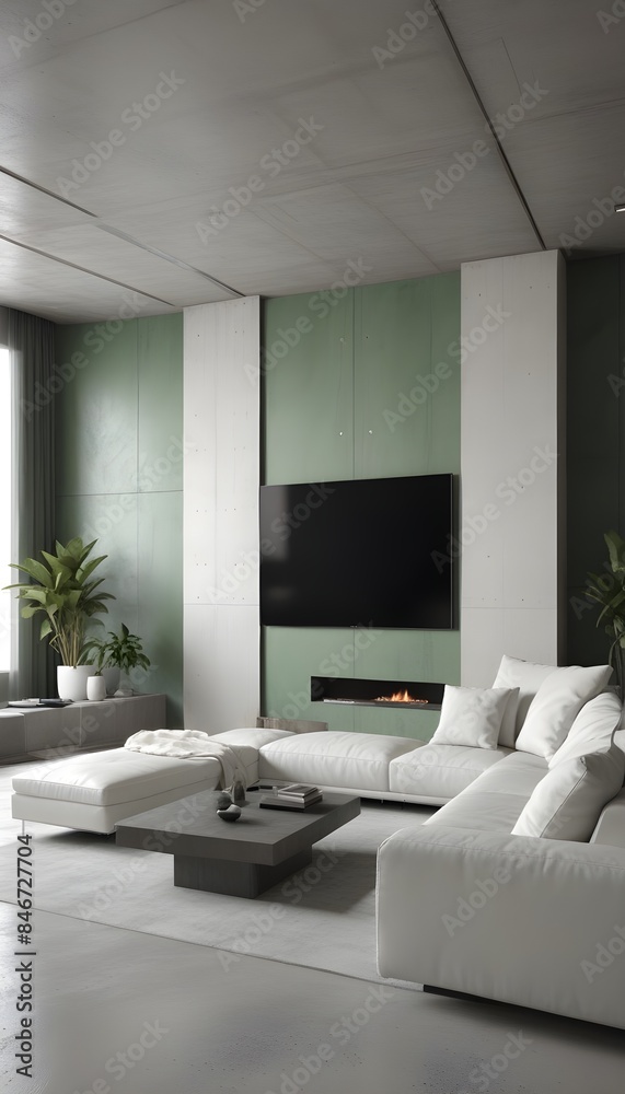 Fototapeta premium High end modern living room with white leather couch and a large flat screen tv mounted on the wall, brutalist architecture mixed with modern futuristic minimal design