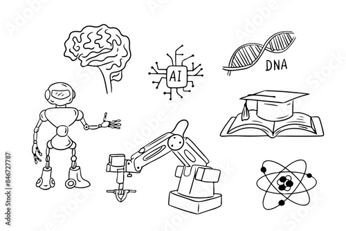 Science contour doodle collection with robot and robotic hand. Monochrome educational outline stickers. Clipart of sketchy outline drawings isolated on white background