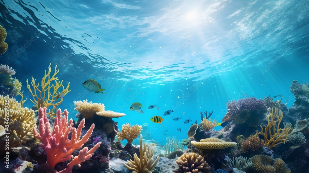 Naklejka premium Beautiful underwater scenery with various types of fish and coral reefs Generative AI