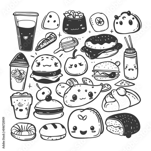 Kawaii Food Doodles: Hand-Drawn Drinks and Treats with Cute Faces.