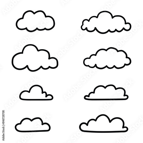 Hand drawn cartoon set of clouds on white background.