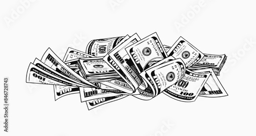 Heap of folded 100 dollar banknotes, bills. Pile of cash money. Black and white isolated vector illustration in vintage style.