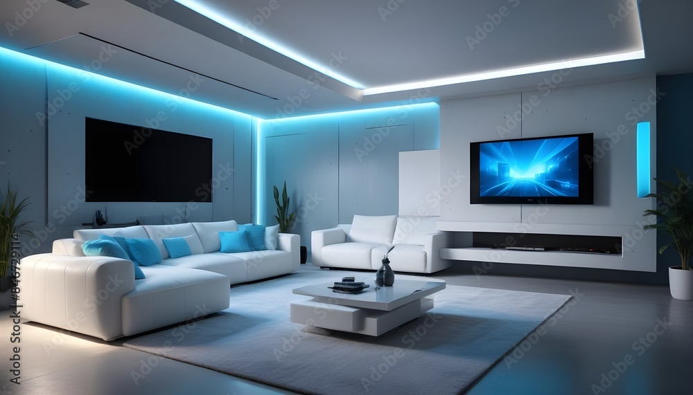 High end modern living room with white leather couch and a large flat screen tv mounted on the wall, brutalist architecture mixed with modern futuristic minimal design High end modern living room with white leather couch and a large flat screen tv mounted on the wall, brutalist architecture mixed with modern futuristic minimal design