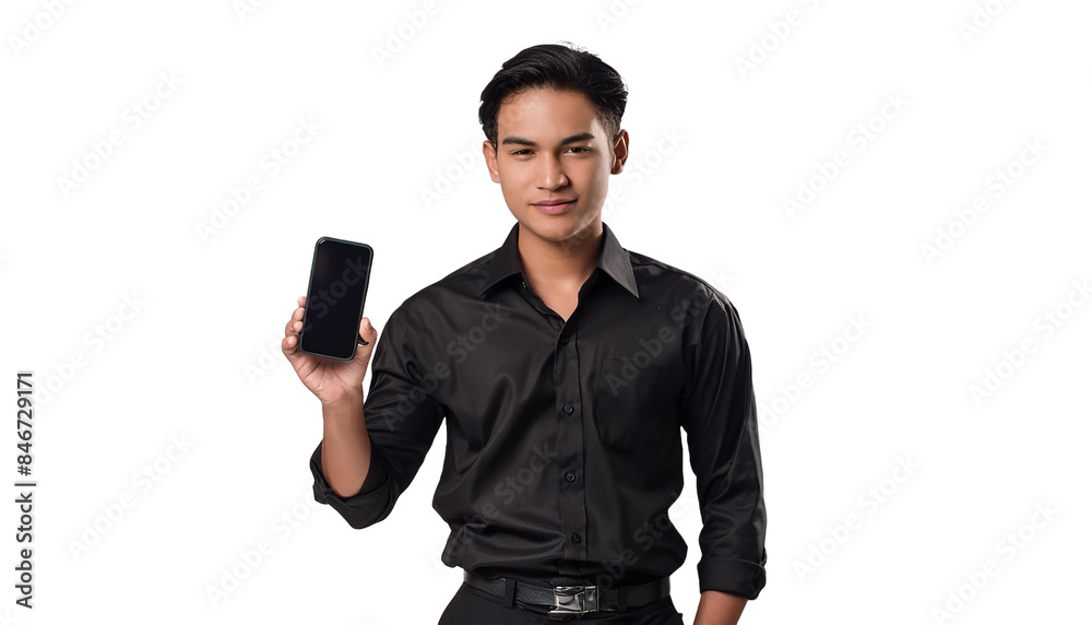 A young Indonesian man with a transparent background, wearing a charming and elegant black shirt, holding a cellphone while smiling relaxed and cheerful A young Indonesian man with a transparent background, wearing a charming and elegant black shirt, holding a cellphone while smiling relaxed and cheerful