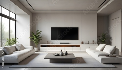 High end modern living room with white leather couch and a large flat screen tv mounted on the wall, brutalist architecture mixed with modern futuristic minimal design
