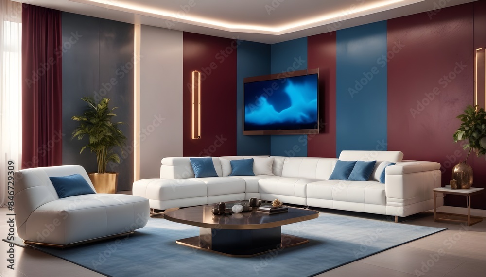 High end modern living room with white leather couch and a large flat screen tv mounted on the wall, brutalist architecture mixed with modern futuristic minimal design High end modern living room with white leather couch and a large flat screen tv mounted on the wall, brutalist architecture mixed with modern futuristic minimal design