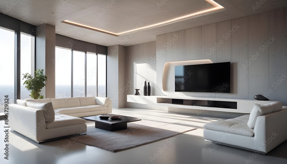High end modern living room with white leather couch and a large flat screen tv mounted on the wall, brutalist architecture mixed with modern futuristic minimal design