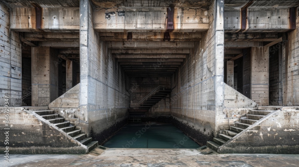 Abandoned industrial concrete structure with water and stairway Abandoned industrial concrete structure with water and stairway