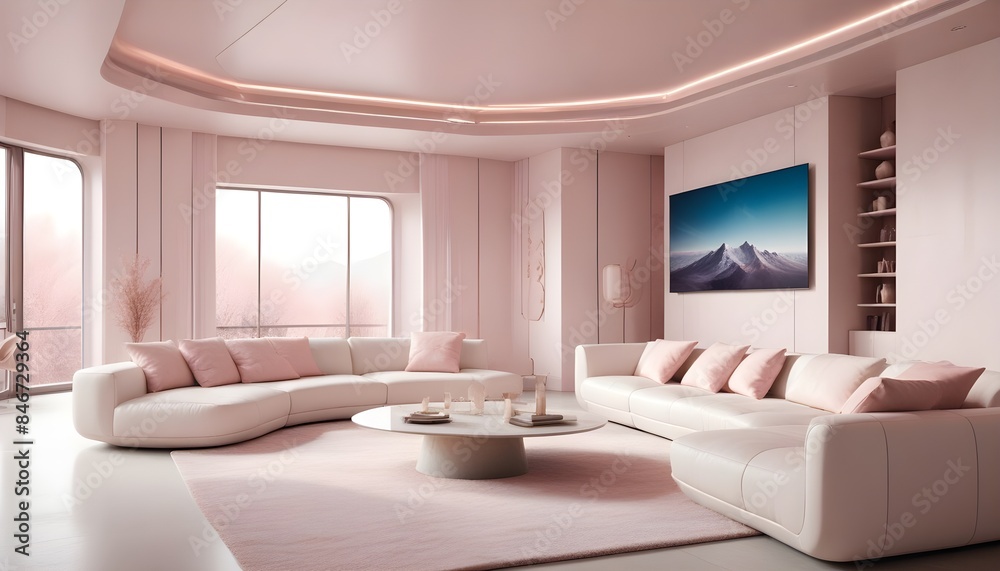 Fototapeta premium High end modern living room with white leather couch and a large flat screen tv mounted on the wall, brutalist architecture mixed with modern futuristic minimal design