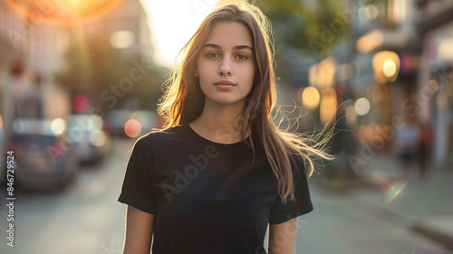 a young girl wearing a blank black t-shirt. - mockup. © sema_srinouljan