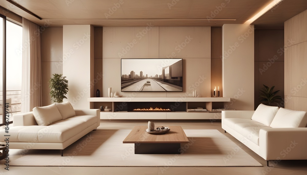 High end modern living room with white leather couch and a large flat screen tv mounted on the wall, brutalist architecture mixed with modern futuristic minimal design High end modern living room with white leather couch and a large flat screen tv mounted on the wall, brutalist architecture mixed with modern futuristic minimal design